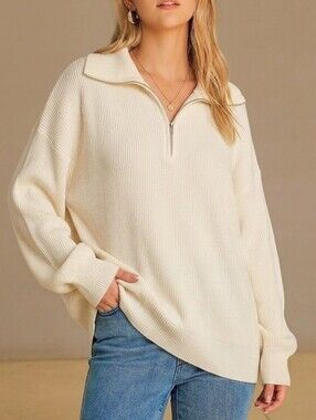 Arach & Cloz Cream Ribbed Half-Zip Pullover | Size XL Oversized